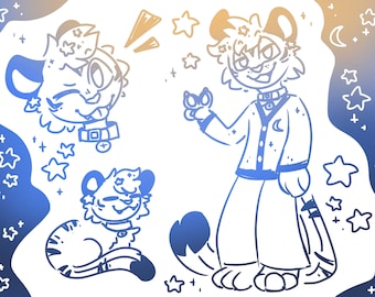 May include: A digital line art illustration featuring a feline character in three poses. The character has tiger stripes, a collar with a bell, and star-shaped hair accessories. The artwork uses a blue and orange gradient against a white background.