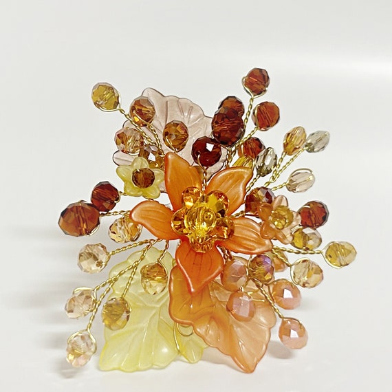 TheSorceresTreasures Flower Brooch Pin, Yellow and Brown Brooch, Yellow Brooch Beaded Accessories for Women, Brooch for Women, Brooch Handmade, Bead Pin Brooch