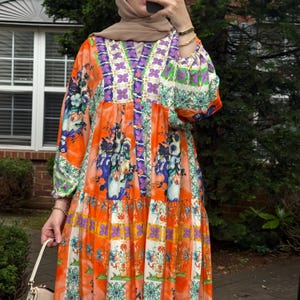Women&#39;s Multi-Color Orange Ethnic Printed Long Sleeve Maxi Dress Cotton Maxi Turkish Dress Modest Women&#39;s Long Sleeve Summer Dress #13
