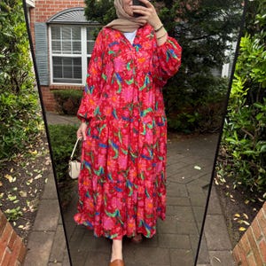 Women&#39;s Multi-Color Red Printed Long Sleeve Maxi Dress Cotton Maxi Turkish Dress Modest Women&#39;s Long Sleeve Summer Dress #7