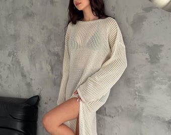 Women's Knit Maxi Cover-Up Dress, Long Sleeve Beige Color Basic Cover-Up