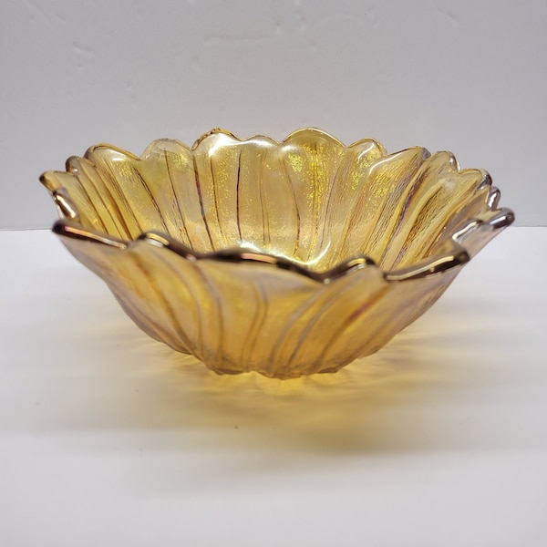 Amber Carnival Glass Bowl Lily Pons Design Indiana Glass, 7"