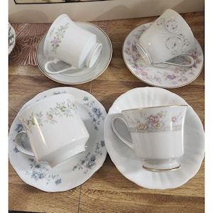 Mismatched China Tea Cups & Saucers Soft Small Florals Tea Party Set of 4