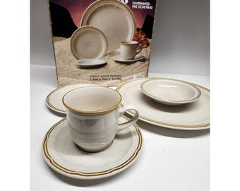 NEW Stoneware Set Vintage Crown Manor Desert Winds 5 pcs Handpainted NIB Neutral