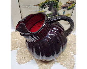 Royal Ruby Swirl Red Glass Tilt Ball Jug Pitcher, Vertical Band, Ice Lip Vintage Anchor Hocking