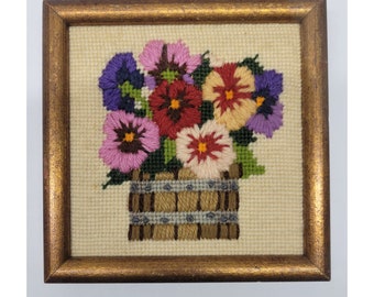 Bright Color Flowers Vintage Crewel Needlework, 6x6" Floral Arrangement Barrel Basket