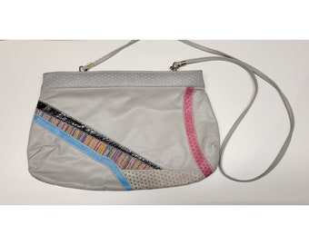 80s Retro Vintage Purse, Leather Gray Multicolor Design- Rare Find-