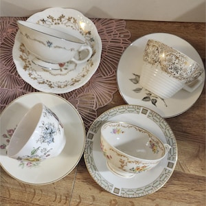 Ivory China Tea Cups & Saucers Mismatched Set Neutrals Vintage Tea Party 4 Sets