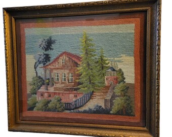 Framed Needlepoint, Cabin in the Woods Landscape Scene, 18x20"