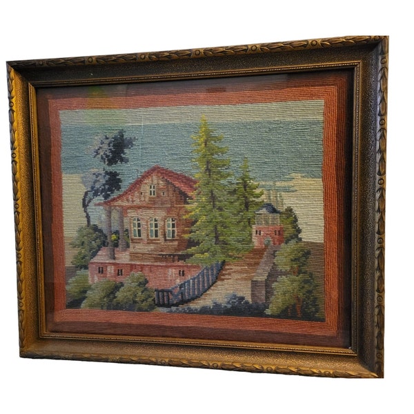 Framed Needlepoint, Cabin in the Woods Landscape Scene, 18x20"