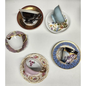 Vintage Mismatched Colorful China Cups & Saucers Demitasse Tea Party Set of 5