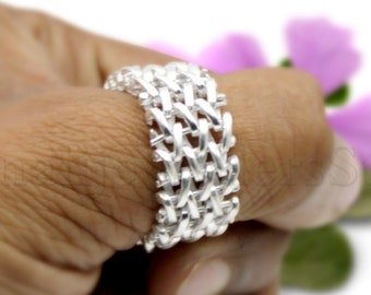 Mesh-Ring, flexibler Ring, 925 Sterling Silber Ring, handgefertigter Ring, Ring für Frau und Männer, Perlenring, Saatperlen-Breitbandring