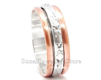 Argent sterling massif 925, bague toupie, bague de méditation, bague tendance, bague en argent avec cuivre, bague faite main, cadeau pour bague tout usage