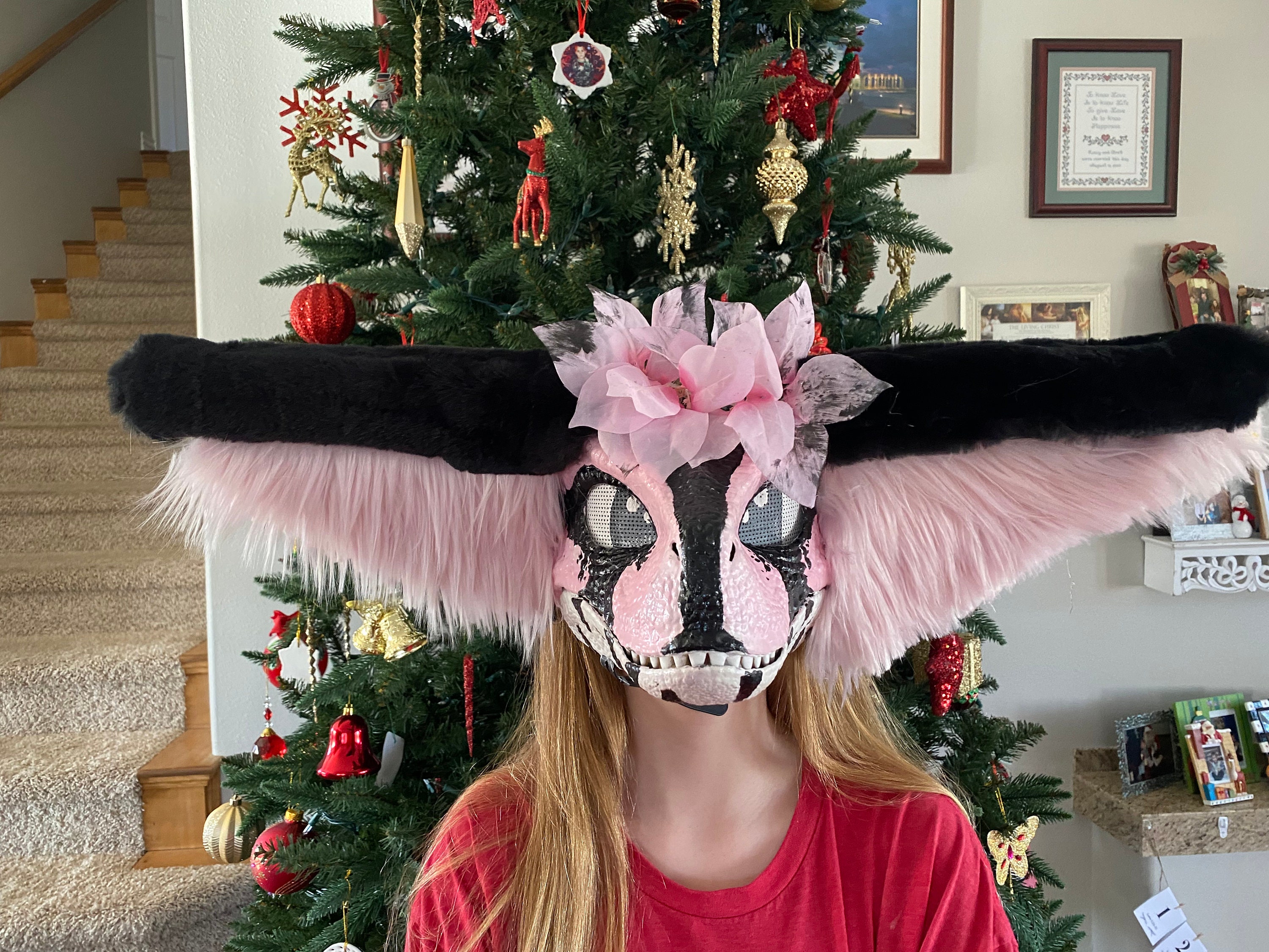 Pink, Black, and White Furry Dino Mask 