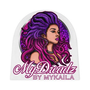 May include: A white beanie with a purple and pink illustration of a woman with dreadlocks. The illustration is surrounded by a circle with a purple and white design. The text "My Dreadz by Mykaila" is written in white below the illustration.