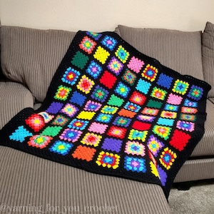 Hand-made, Crocheted, Black & Rainbow, Granny Square Blanket