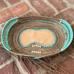 Hand Coiled Pine Needle Basket With Decorative Stitches
