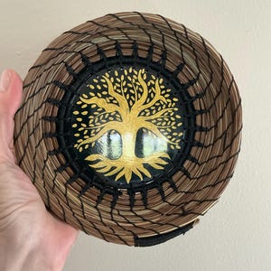 Pine Needle Hand Coiled Basket With Tree Of Life Base.