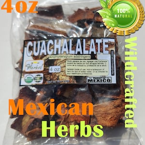 May include: A close-up of a 4 ounce package of dried Cuachalalate herb, a natural remedy for various ailments. The package is labeled "Wildcrafted" and "100% Natural" and features the text "Cuachalalate Amphipterygium adstringens" and "Product of Mexico".