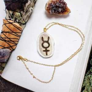 Mercury - Minimalist Gothic Alchemy & Astrology Talisman on Antler Sliver with Gold Colored Chain