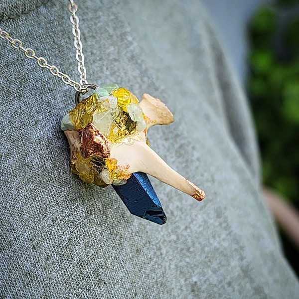 Blue Phoenix  - Crystallized Deer Vertebra Necklace, Real Bone Jewelry,  Fantasy Talisman With Citrine & Aventurine