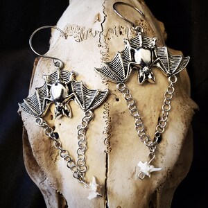 Gothic Vampire Bat and Real Vertebrae Dangle Ear Hangers for Stretched/Gauged Ears