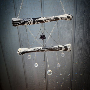 Void Essence - Gothic Elk Bone Suncatcher With Opalite Crescent Moon & Obsidian Star Crystals, Real Celestial Black and White Bone Decor