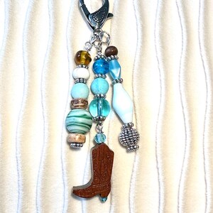 beaded bag charm, beaded purse charm, key chain, handmade one of a kind beaded gift, cowboy boot bag charm