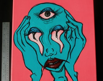 Original psykedelisk kanvamålning / Trippy Stoner-konst / Akrylblå och rosa väggdekor