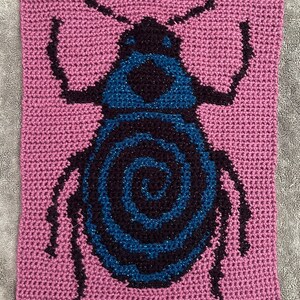 May include: A crocheted wall hanging featuring a blue and black beetle with a spiral pattern on its back. The beetle is on a pink background.