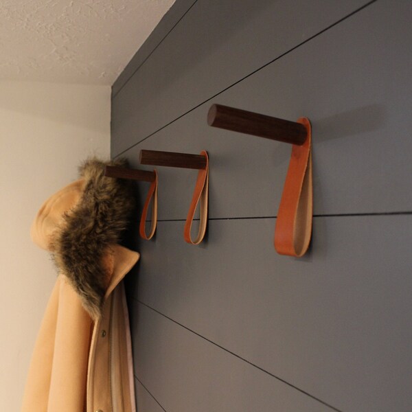 Leather Strap Walnut, Oak or Maple Dowel Coat Hook/ Coat Hanger/ Clothes Hanger / Made with Hardwood and Genuine Leather