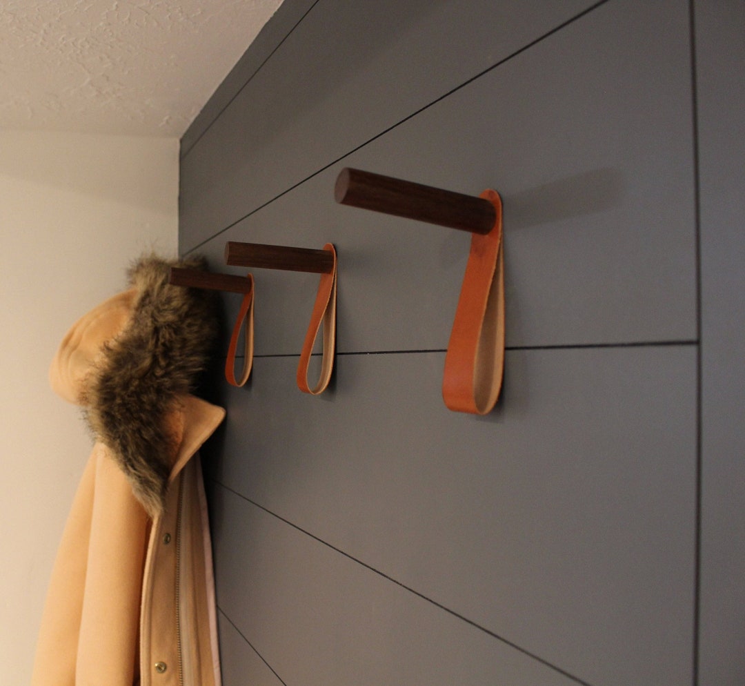 Leather Strap Walnut Oak or Maple Dowel Coat Hook/ Coat Etsy