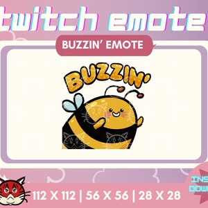 Puede incluir: Una abeja de dibujos animados con un cuerpo amarillo y rayas negras, que lleva una sonrisa y sostiene un cartel que dice "BUZZIN'" en letras amarillas con un contorno dorado. La abeja está sobre un fondo blanco con un borde rosa.
