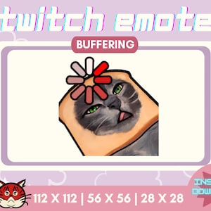 Può includere: Un gatto di cartone con la faccia grigia e il naso rosa indossa una fetta di pane sulla testa. Il pane ha un simbolo di caricamento rosso, bianco e grigio in cima. Il testo "BUFFERING" è sopra il gatto. Il testo "112 X 112 | 56 X 56 | 28 X 28" è sotto il gatto. Il testo "INSTANT DOWNLOAD" è nell'angolo in basso a destra dell'immagine.