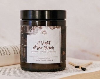 A Night at the Library: Library Scented Candle for Readers, Tobacco, Teakwood & Old Books, Bookworm Gifts