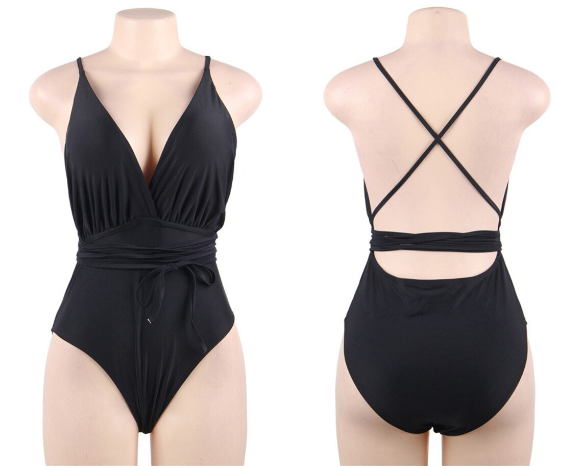 Black One Piece Bathing Suit Deep Vneck Convertible Ways to Etsy