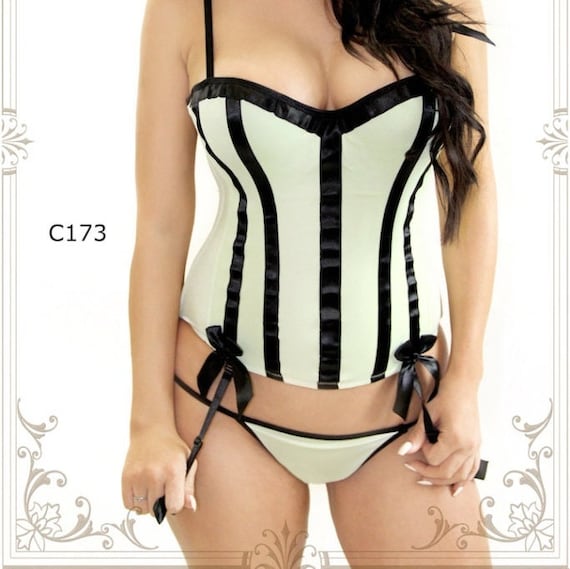 Lime Green Sexy Push up Corset With Black Stripes -  New Zealand