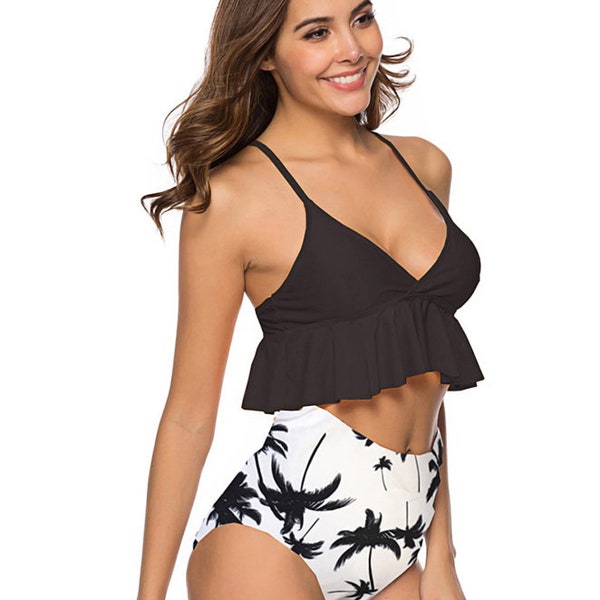 Two Piece Black and White Palm Printed  Printed  High Waisted  Bathing Suit