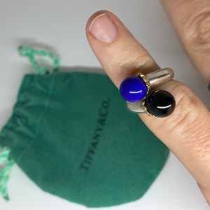 Tiffany Onyx and Lapis Bypass Ring set in Sterling Silver with Yellow Gold Accent