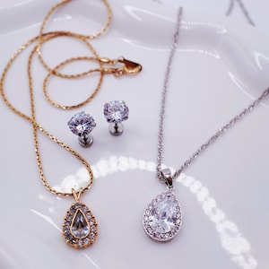 Elegant Jewelry Set with AVON Gold Teardrop Necklace, Silver Crystal Pendant and CZ Stud Earring – Gift for Her