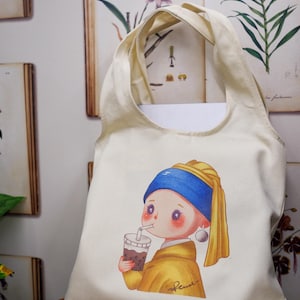 Girl With a Pearl Earring Cute Canvas Tote Bag Zipper Closure & Inner Pocket, Artsy Shoulder Bag for Shopping/Market Aesthetic Birthday Gift