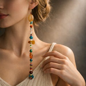 Puede incluir: Un pendiente largo y colgante con un gancho dorado y una cascada de cuentas de colores. Las cuentas incluyen ámbar, turquesa, verde y rojo, creando un accesorio vibrante. El pendiente es una pieza de joyería única.