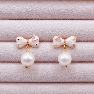Enamel Bow Pearl Stud Earrings: Freshwater Pearl Dangle, Gold Tone
