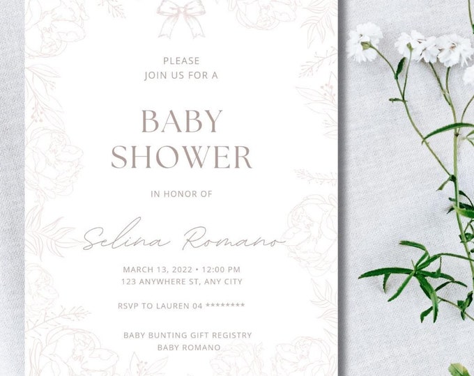 Beige Floral Theme Baby Shower Invitation
