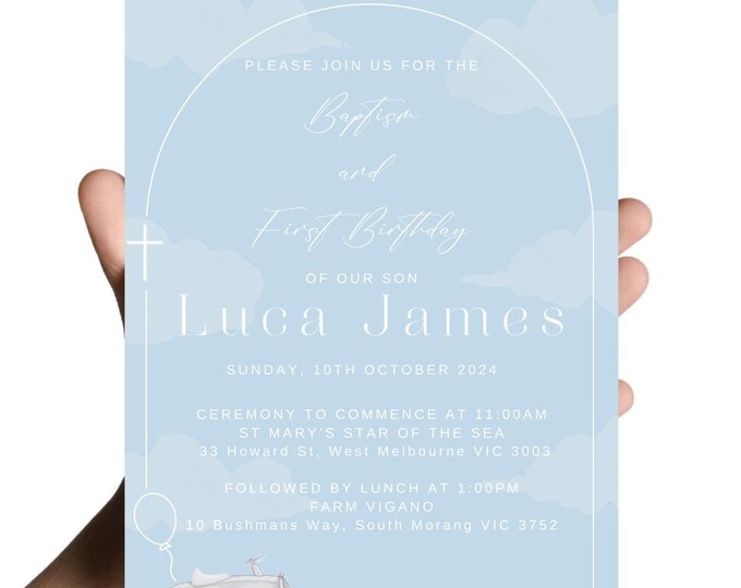 Baptism and First Birthday Invitation | Blue Vintage Car Theme