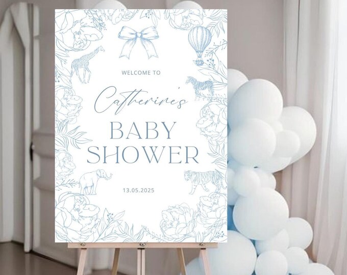 Baby Shower Welcome Sign | Safari Theme with Blue Floral Design