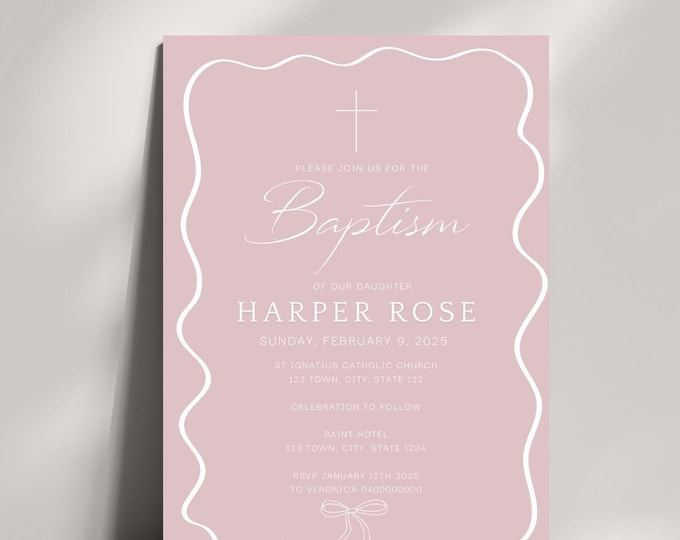 Pink Wavy Border Bow Baptism Invitation