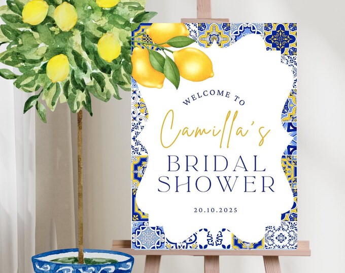 Blue Tiles Lemon Bridal Shower Welcome Sign - Santorini, Mediterranean, Italian Tile Inspired Positano Welcome Sign