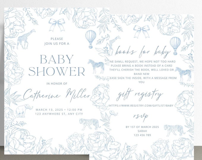 Blue Baby Shower Invitation with Jungle Animals