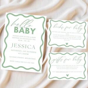 Baby Shower Wave Bundle | Books for baby | Gifts for baby| Green and White Wave Border | Printable Invite| Instant Download